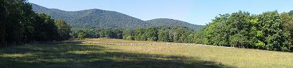 Panoramic Gooney Manor Loop view across a field, looking back towards Gimlet Ridge and Matthews Arm