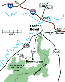 Map of the area around Front Royal, Browntown, Linden, Strasburg, and the northern section of Shenandoah National Park