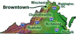 Map of Virginia, showing the location of Browntown and the Greasy-Gooney 10K
